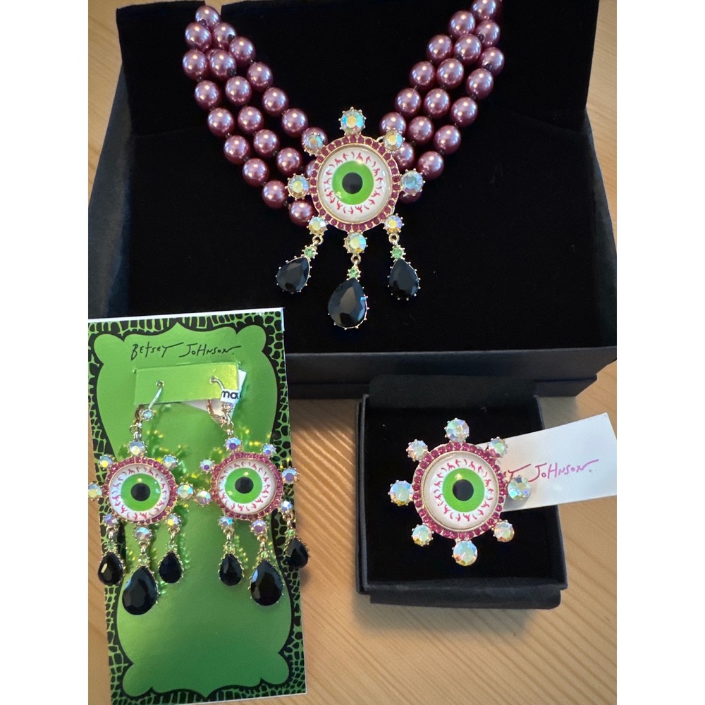 Betsey Johnson Eyeball Jewelry Set Necklace Earrings Ring Halloween Pink Green